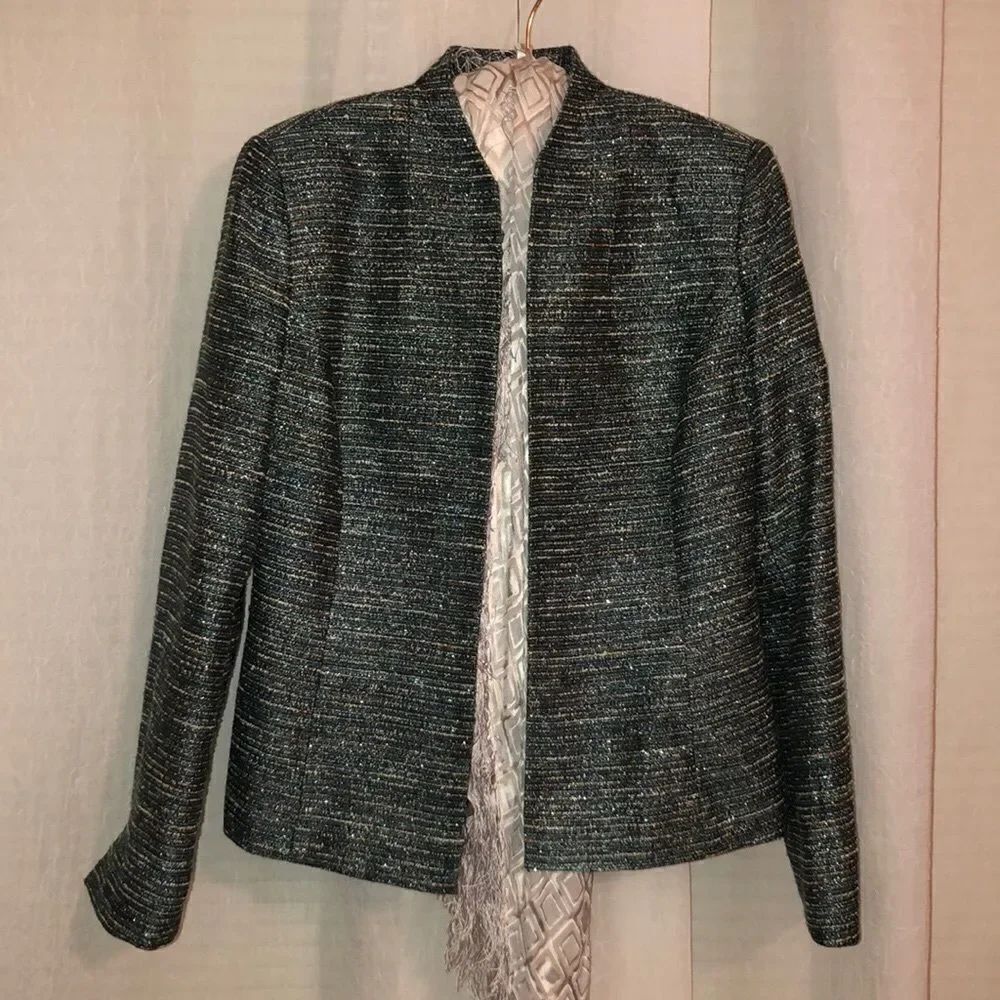 Kasper 6 Striped Elegant Evening Green White Orange Black Metallic Tweed Jacket